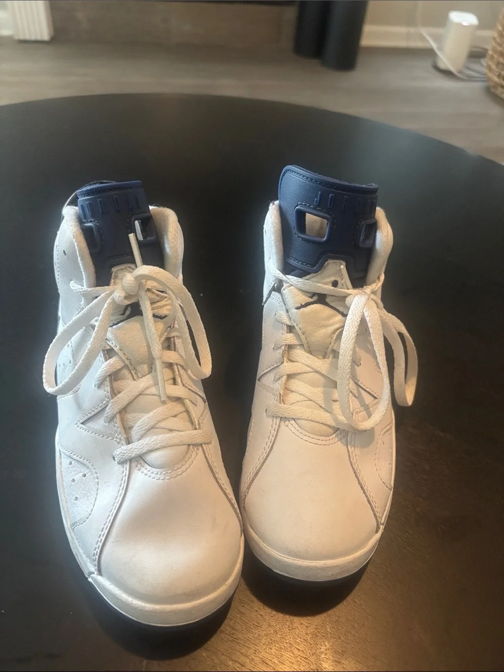 Kids White and Navy Athletic High-Top Jordan’s